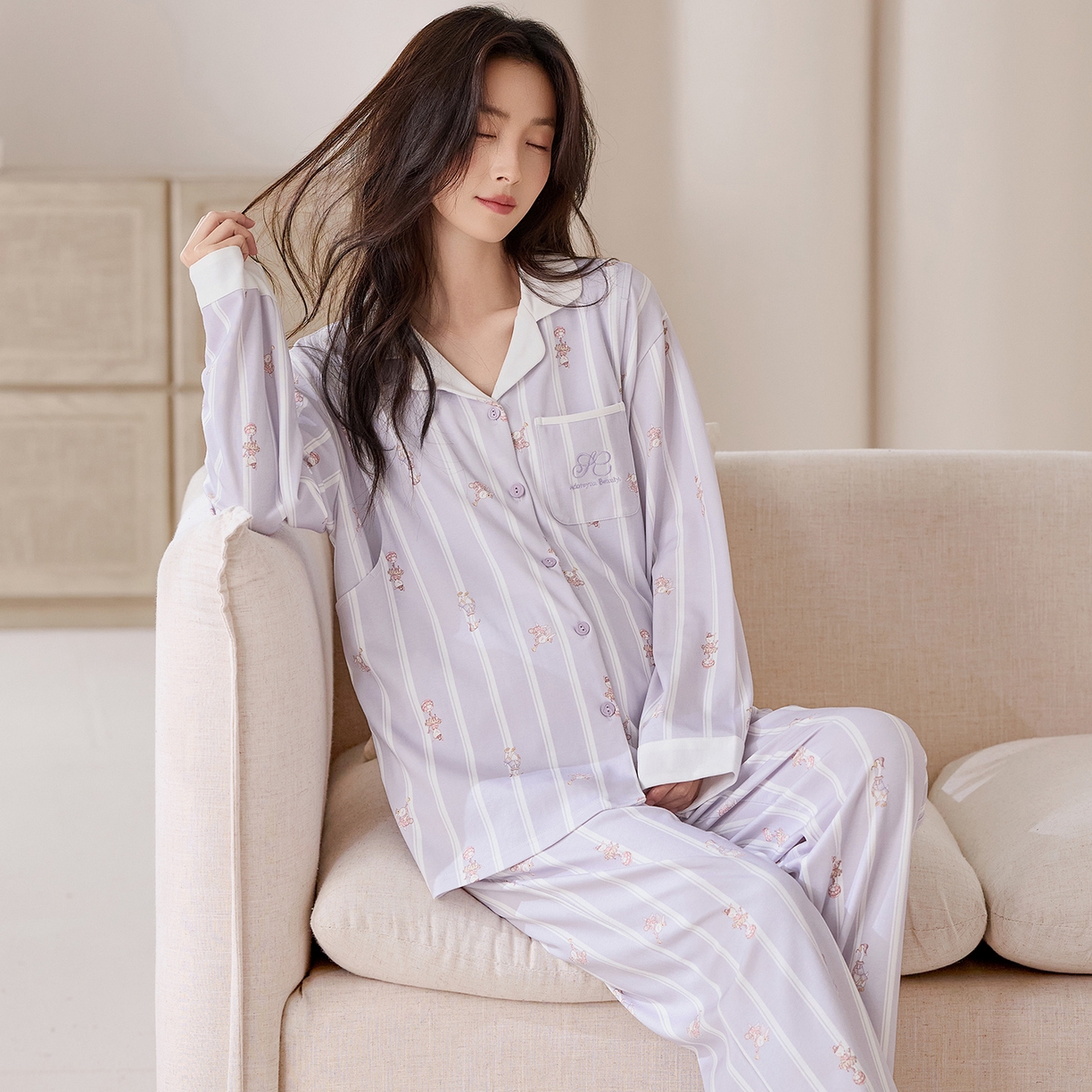 91家纺网 家纺一手货源 找家纺 洛兰沙家居馆 2026春秋季新款小清新针织全棉纯棉100%翻领开衫双长孕妇月子服睡衣女 翻领套装3