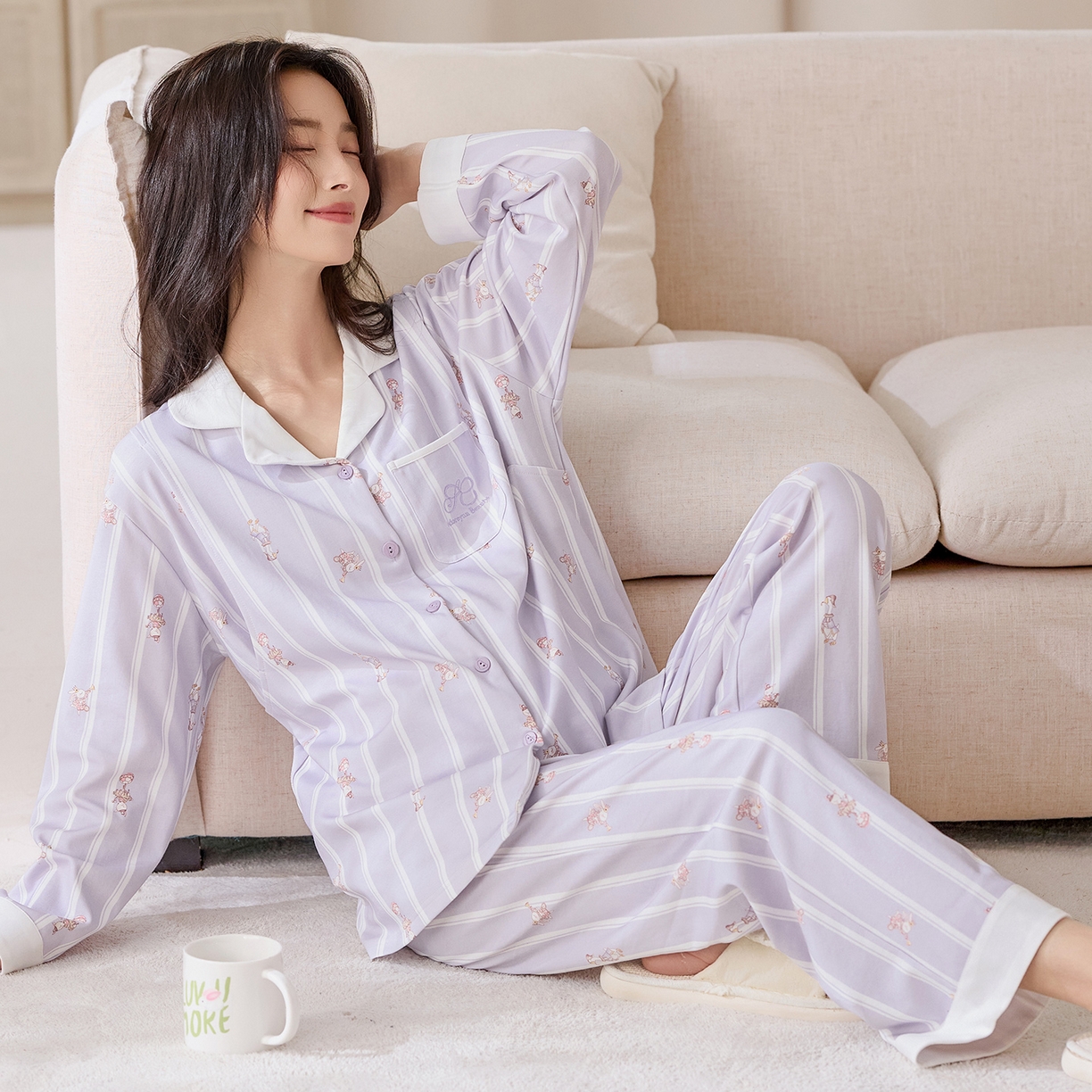 91家纺网 家纺一手货源 找家纺 洛兰沙家居馆 2026春秋季新款小清新针织全棉纯棉100%翻领开衫双长孕妇月子服睡衣女 翻领套装3