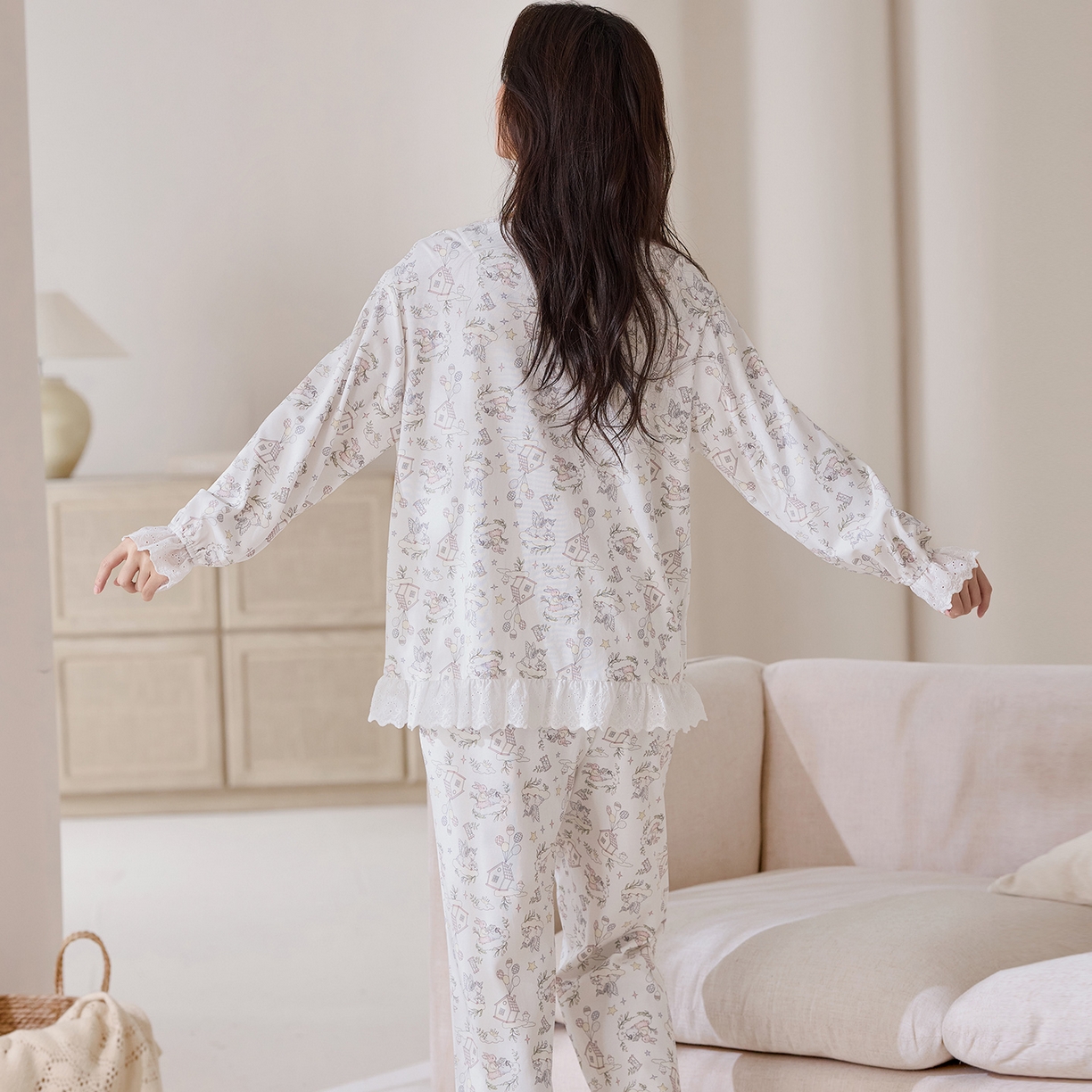 91家纺网 家纺一手货源 找家纺 洛兰沙家居馆 2026春秋季新款小清新针织全棉纯棉100%翻领开衫双长孕妇月子服睡衣女 翻领套装4