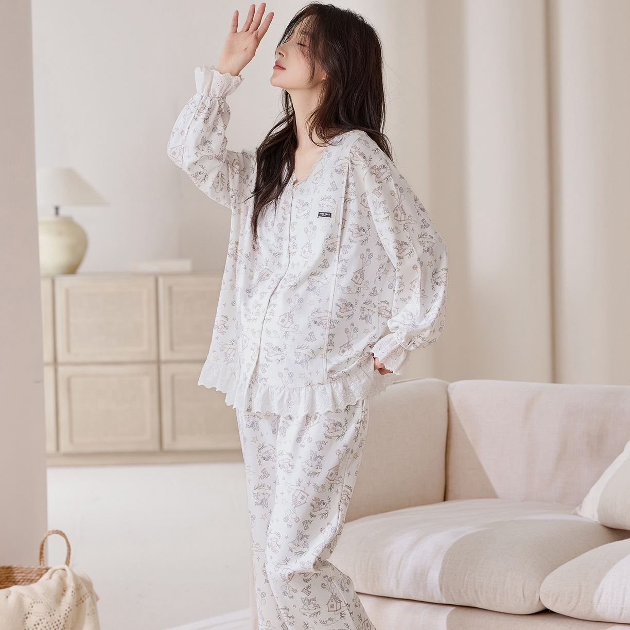 91家纺网 家纺一手货源 找家纺 洛兰沙家居馆 2026春秋季新款小清新针织全棉纯棉100%翻领开衫双长孕妇月子服睡衣女 翻领套装4