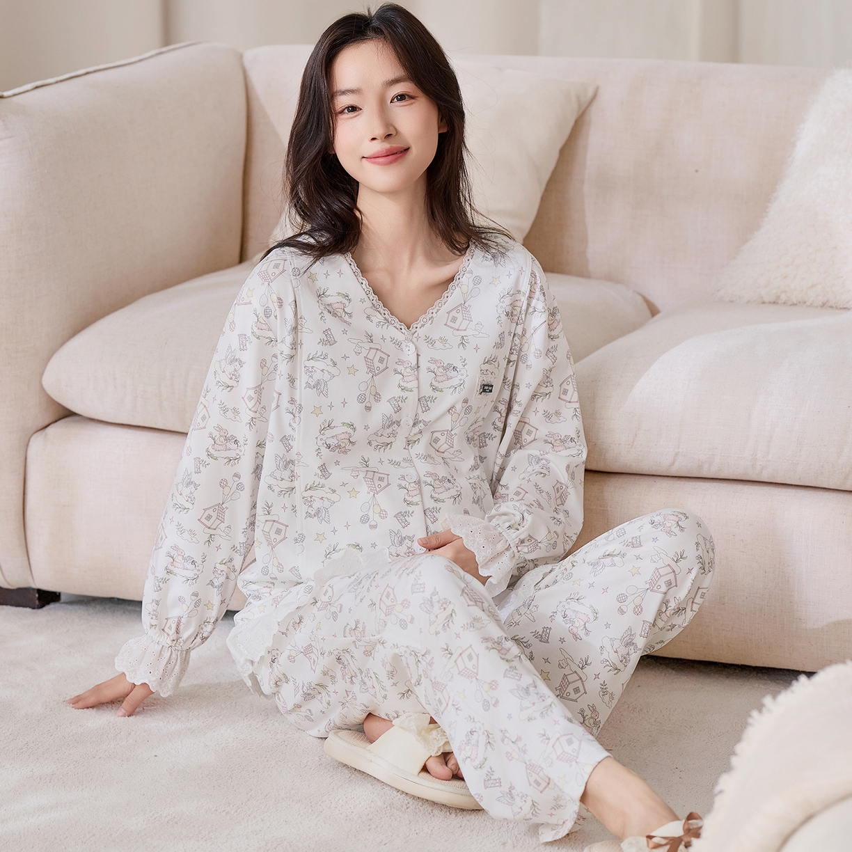 91家纺网 家纺一手货源 找家纺 洛兰沙家居馆 2026春秋季新款小清新针织全棉纯棉100%翻领开衫双长孕妇月子服睡衣女 翻领套装4