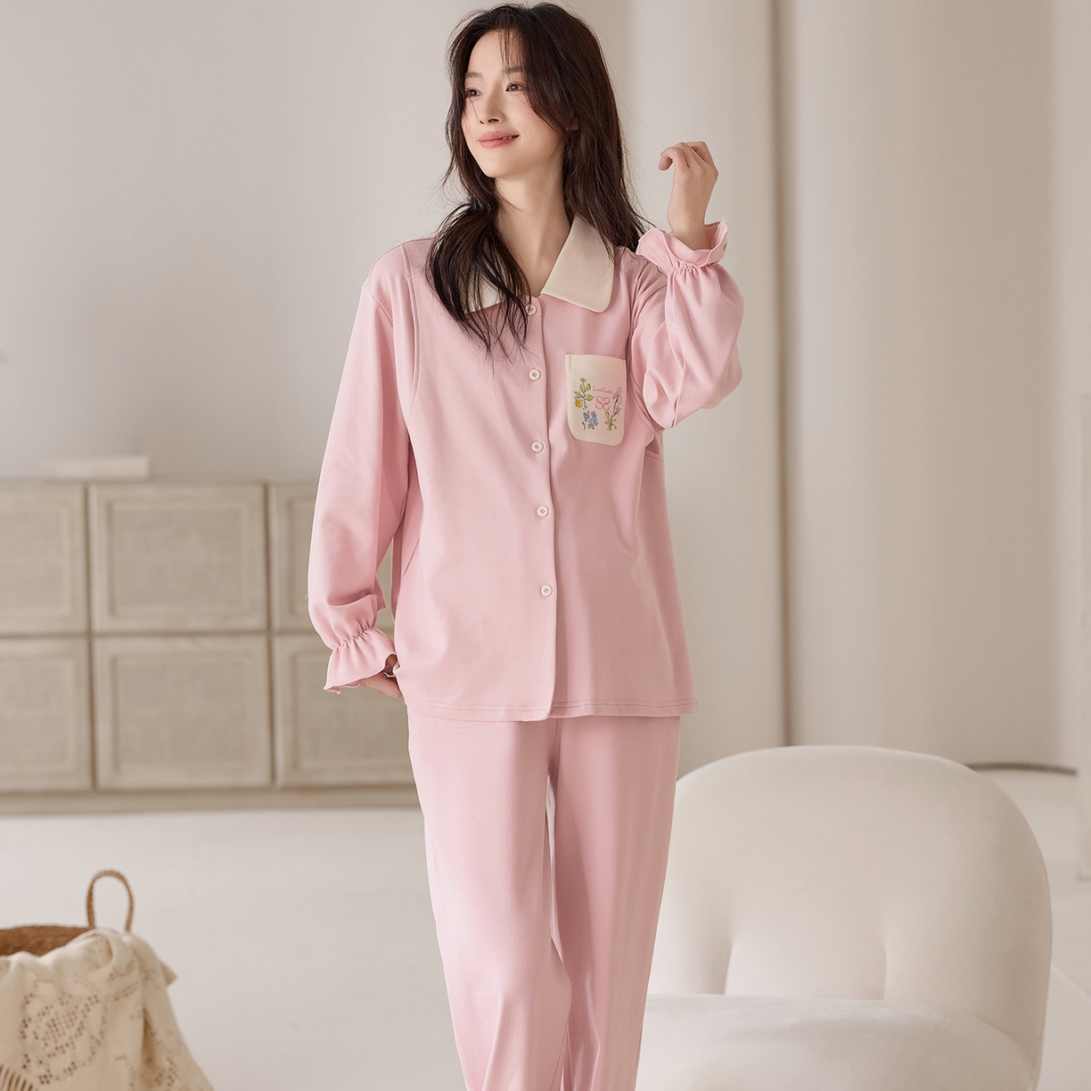 91家纺网 家纺一手货源 找家纺 洛兰沙家居馆 2026春秋季新款小清新针织全棉纯棉100%翻领开衫双长孕妇月子服睡衣女 翻领套装5