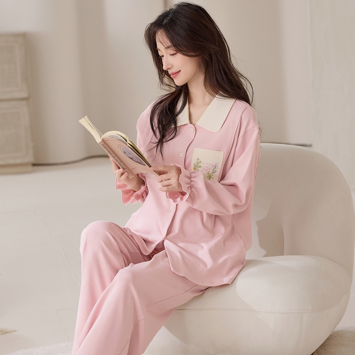 91家纺网 家纺一手货源 找家纺 洛兰沙家居馆 2026春秋季新款小清新针织全棉纯棉100%翻领开衫双长孕妇月子服睡衣女 翻领套装5