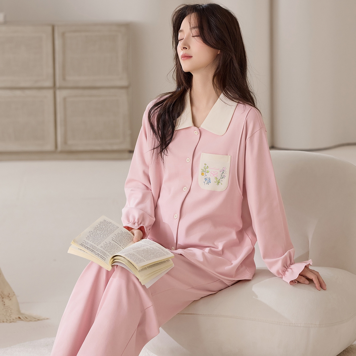 91家纺网 家纺一手货源 找家纺 洛兰沙家居馆 2026春秋季新款小清新针织全棉纯棉100%翻领开衫双长孕妇月子服睡衣女 翻领套装5