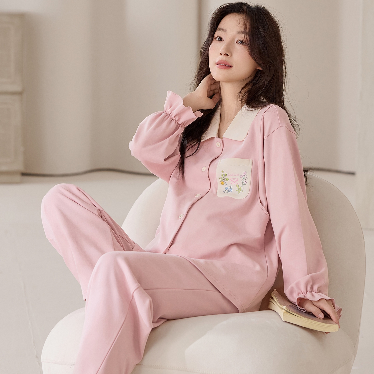 91家纺网 家纺一手货源 找家纺 洛兰沙家居馆 2026春秋季新款小清新针织全棉纯棉100%翻领开衫双长孕妇月子服睡衣女 翻领套装5