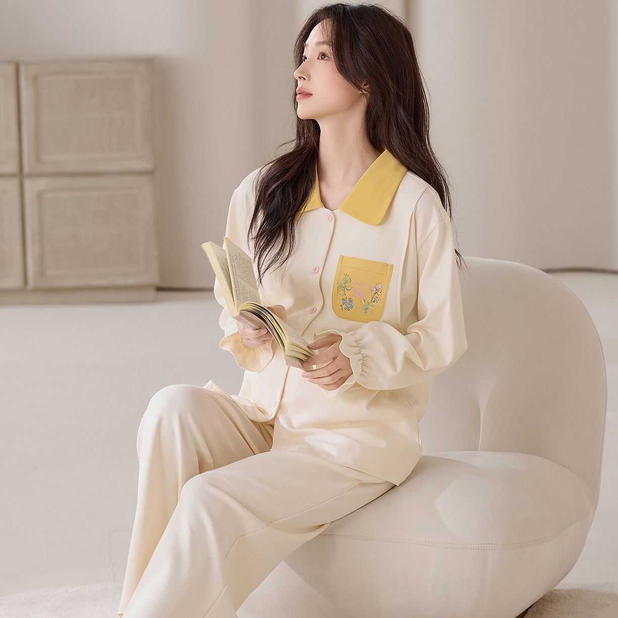 91家纺网 家纺一手货源 找家纺 洛兰沙家居馆 2026春秋季新款小清新针织全棉纯棉100%翻领开衫双长孕妇月子服睡衣女 翻领套装6