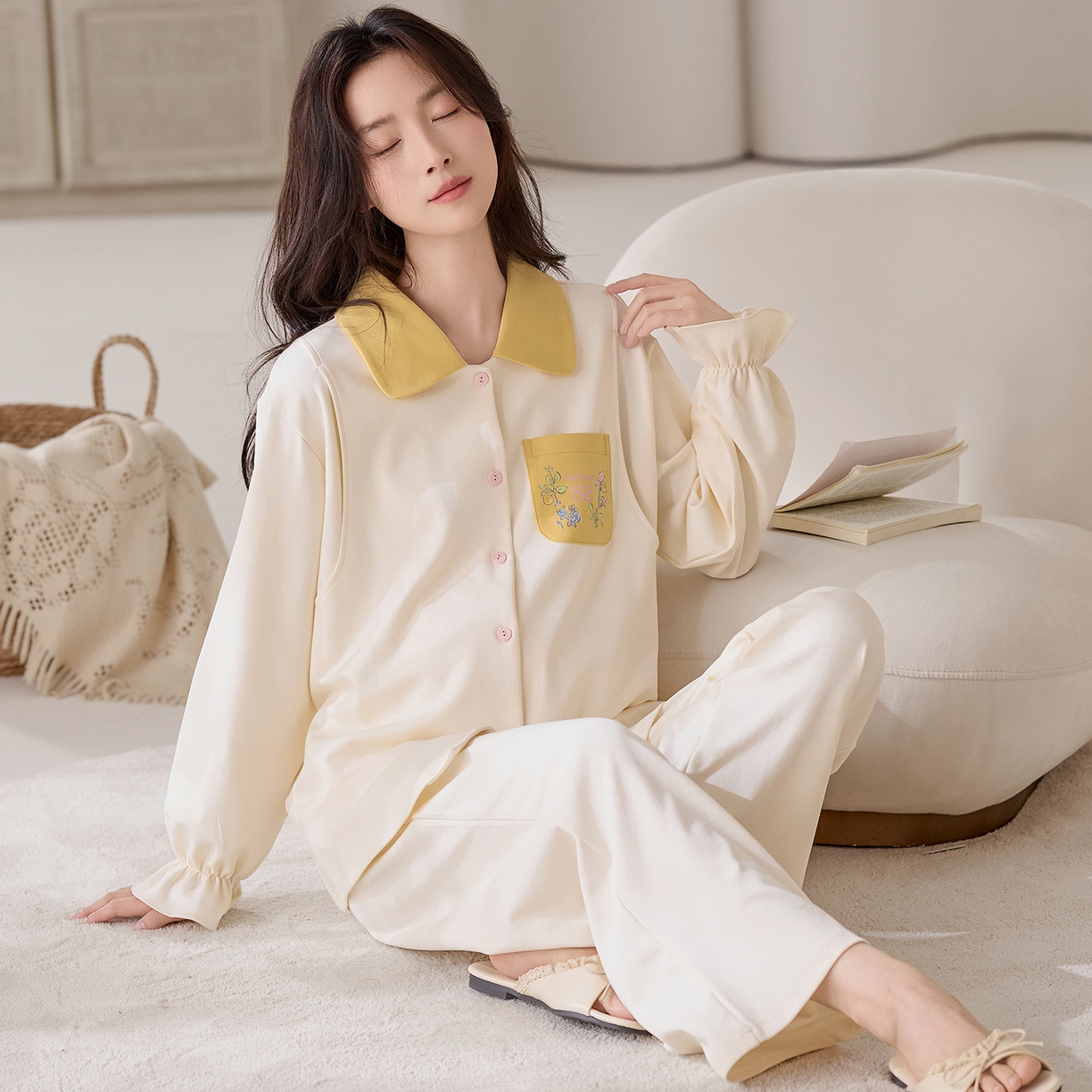 91家纺网 家纺一手货源 找家纺 洛兰沙家居馆 2026春秋季新款小清新针织全棉纯棉100%翻领开衫双长孕妇月子服睡衣女 翻领套装6