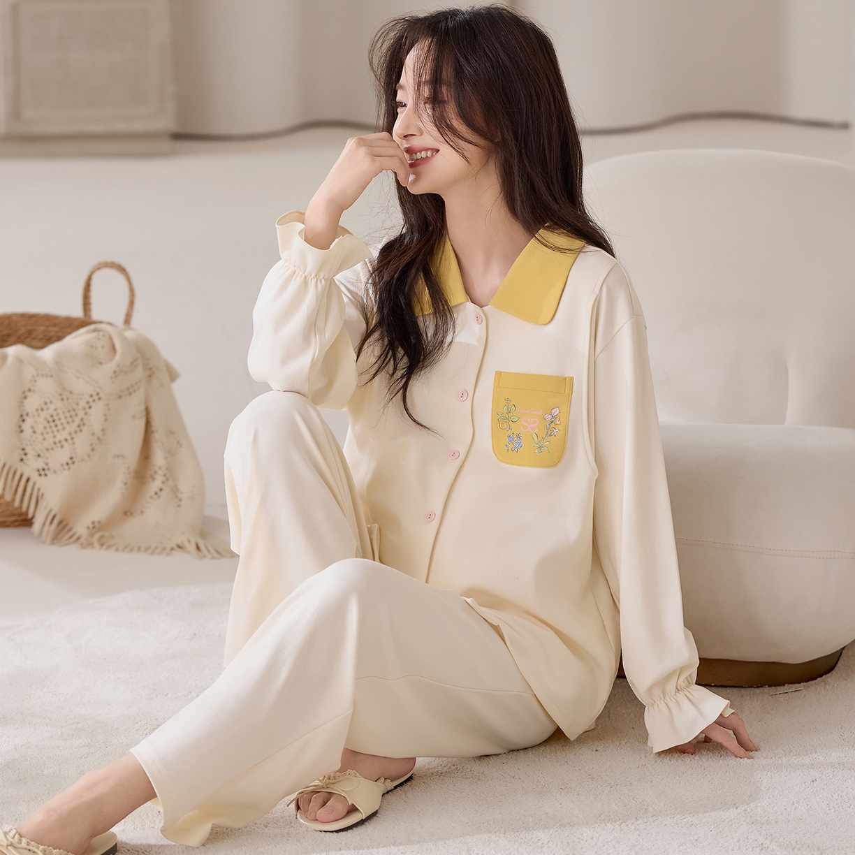 91家纺网 家纺一手货源 找家纺 洛兰沙家居馆 2026春秋季新款小清新针织全棉纯棉100%翻领开衫双长孕妇月子服睡衣女 翻领套装6