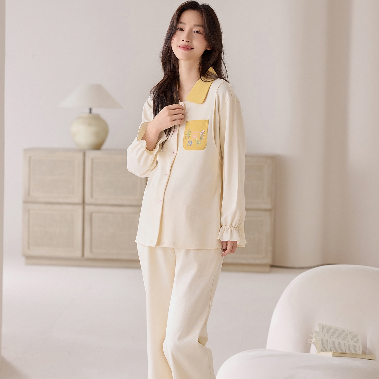 91家纺网 家纺一手货源 找家纺 洛兰沙家居馆 2026春秋季新款小清新针织全棉纯棉100%翻领开衫双长孕妇月子服睡衣女 翻领套装6