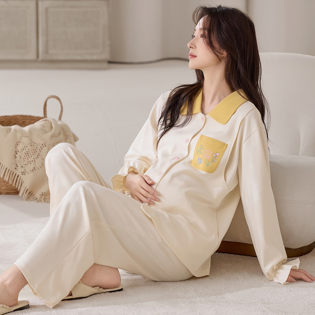 91家纺网 家纺一手货源 找家纺 洛兰沙家居馆 2026春秋季新款小清新针织全棉纯棉100%翻领开衫双长孕妇月子服睡衣女 翻领套装6