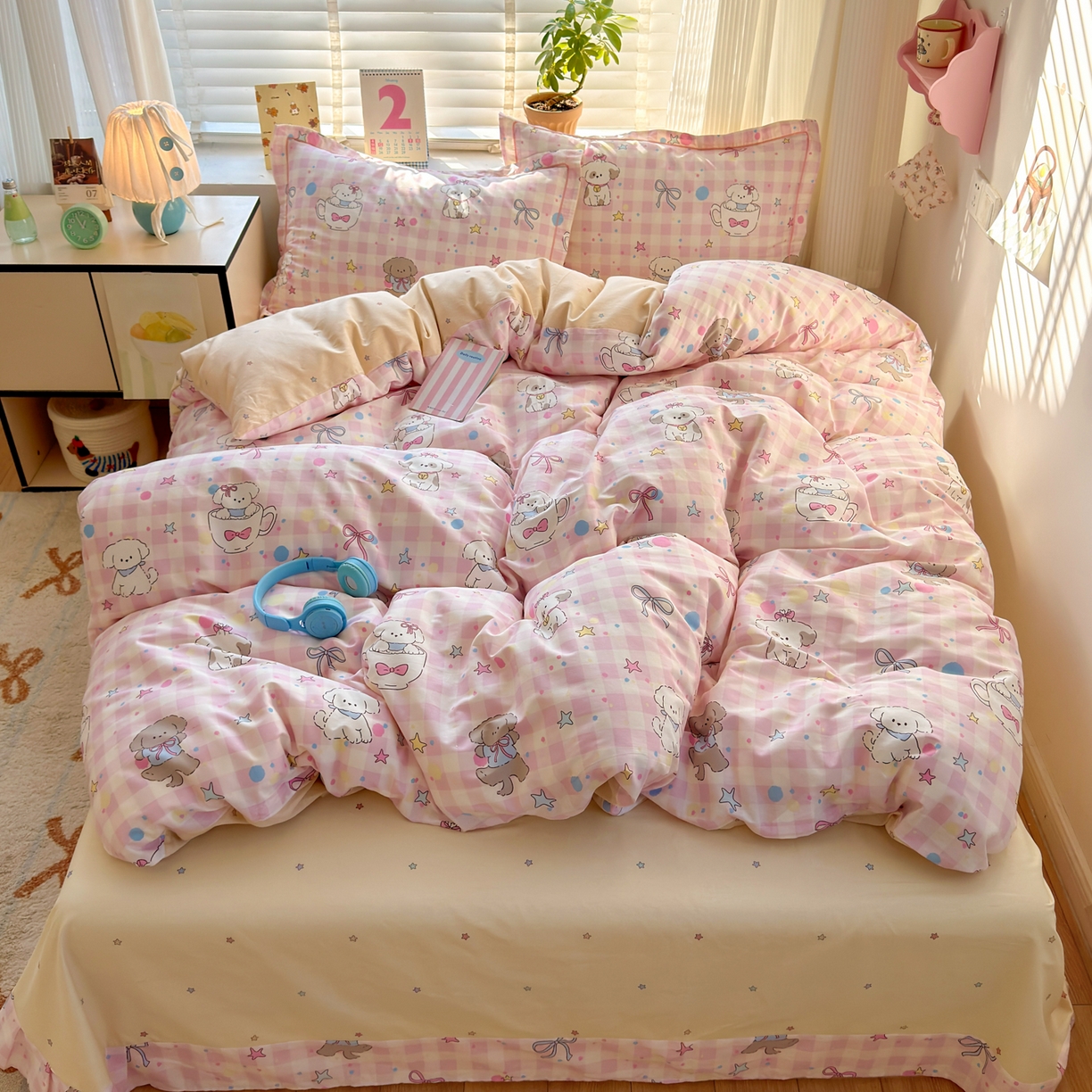 女子家纺 2026新款全棉网红直播热款吊边一字绣工艺款四件套-系列三 粉格星星狗