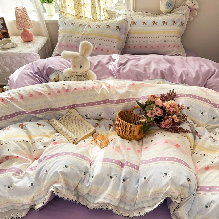 91家纺网 家纺一手货源 找家纺 仟网汇 2026新款A类仿棉古法水洗棉法式小清新花边四件套彩虹小马