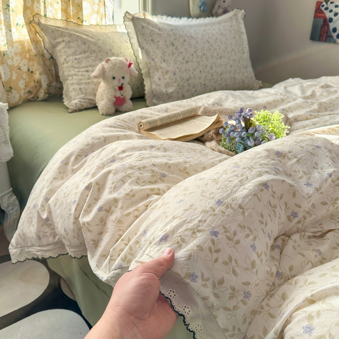 91家纺网 家纺一手货源 找家纺 仟网汇 2026新款A类仿棉古法水洗棉法式小清新花边四件套春日絮语