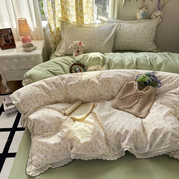 91家纺网 家纺一手货源 找家纺 仟网汇 2026新款A类仿棉古法水洗棉法式小清新花边四件套春日絮语