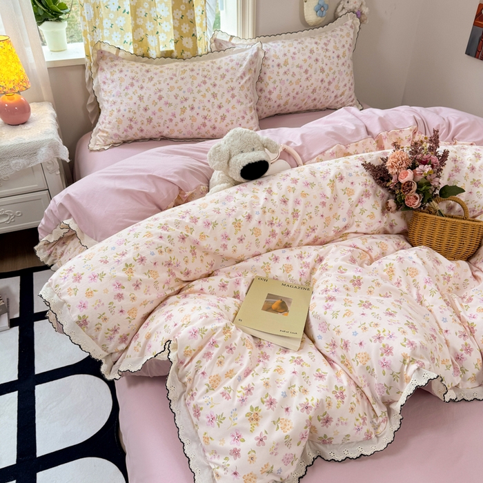 91家纺网 家纺一手货源 找家纺 仟网汇 2026新款A类仿棉古法水洗棉法式小清新花边四件套粉漾