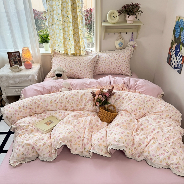 91家纺网 家纺一手货源 找家纺 仟网汇 2026新款A类仿棉古法水洗棉法式小清新花边四件套粉漾