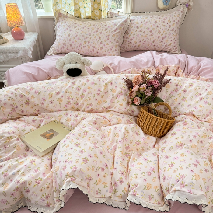 91家纺网 家纺一手货源 找家纺 仟网汇 2026新款A类仿棉古法水洗棉法式小清新花边四件套粉漾