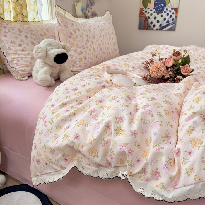 91家纺网 家纺一手货源 找家纺 仟网汇 2026新款A类仿棉古法水洗棉法式小清新花边四件套粉漾