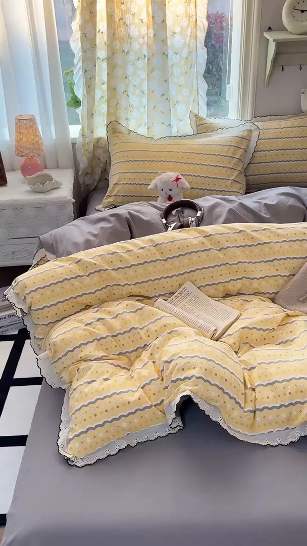 91家纺网 家纺一手货源 找家纺 仟网汇 2026新款A类仿棉古法水洗棉法式小清新花边四件套海盐奶酪