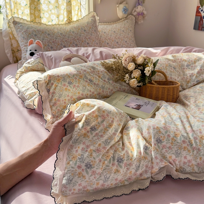 91家纺网 家纺一手货源 找家纺 仟网汇 2026新款A类仿棉古法水洗棉法式小清新花边四件套花千朵