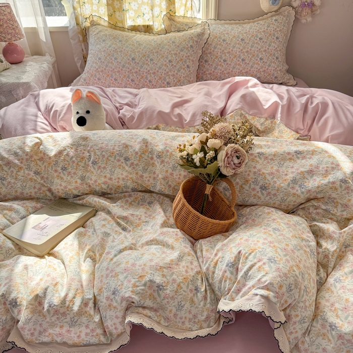 91家纺网 家纺一手货源 找家纺 仟网汇 2026新款A类仿棉古法水洗棉法式小清新花边四件套花千朵