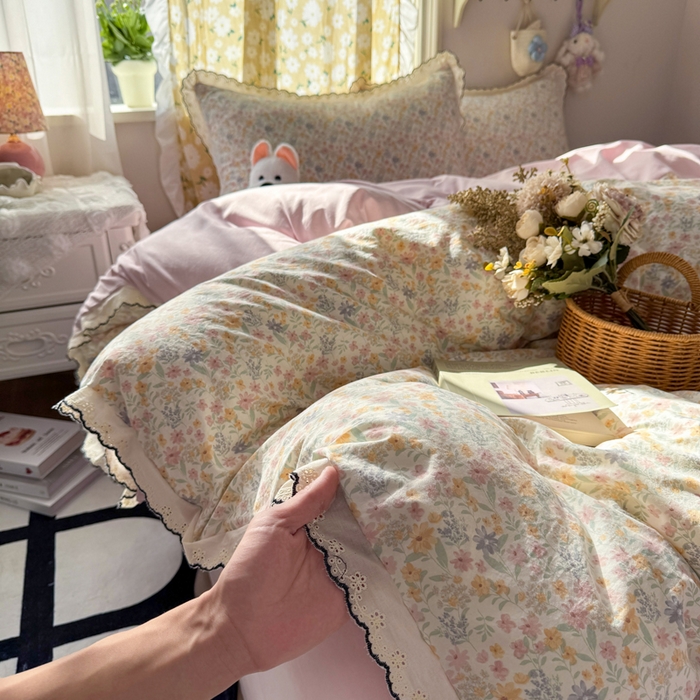 91家纺网 家纺一手货源 找家纺 仟网汇 2026新款A类仿棉古法水洗棉法式小清新花边四件套花千朵