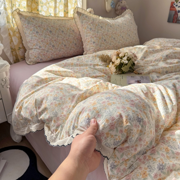 91家纺网 家纺一手货源 找家纺 仟网汇 2026新款A类仿棉古法水洗棉法式小清新花边四件套花千朵