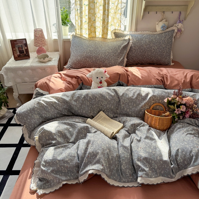 91家纺网 家纺一手货源 找家纺 仟网汇 2026新款A类仿棉古法水洗棉法式小清新花边四件套灰棠