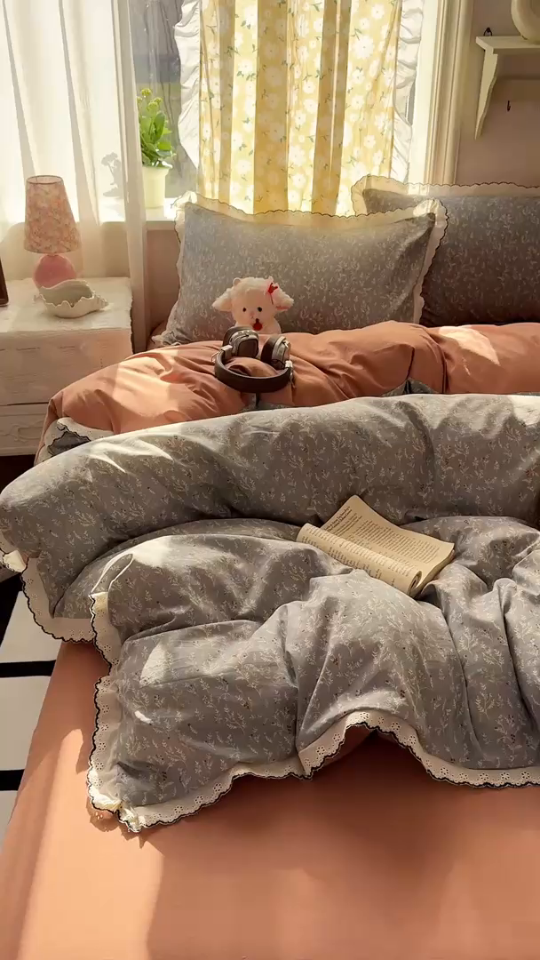 91家纺网 家纺一手货源 找家纺 仟网汇 2026新款A类仿棉古法水洗棉法式小清新花边四件套灰棠