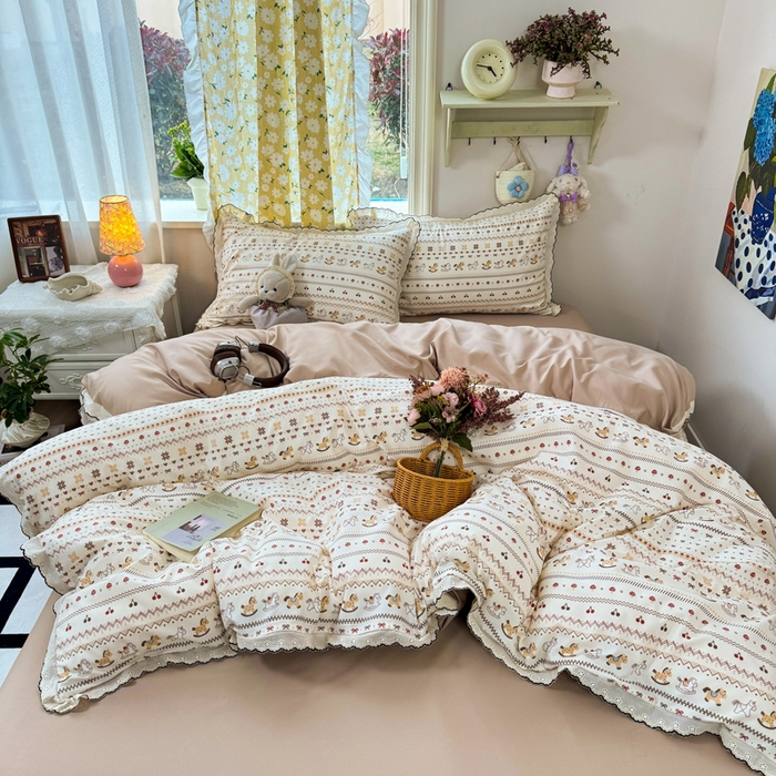 91家纺网 家纺一手货源 找家纺 仟网汇 2026新款A类仿棉古法水洗棉法式小清新花边四件套乐町小马