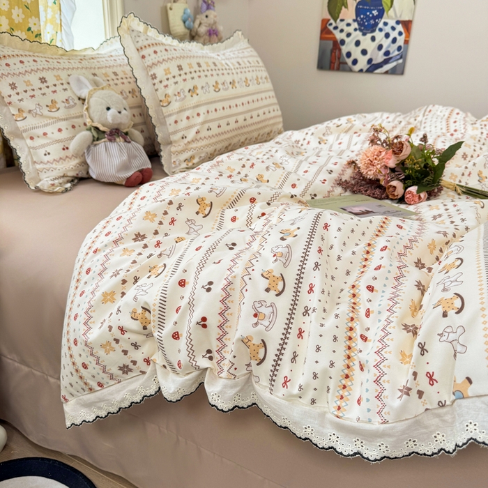 91家纺网 家纺一手货源 找家纺 仟网汇 2026新款A类仿棉古法水洗棉法式小清新花边四件套乐町小马