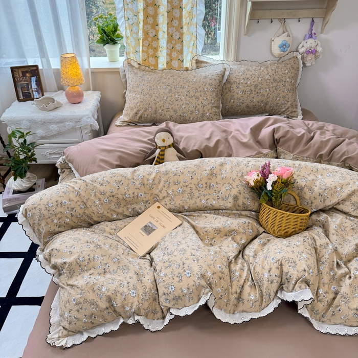 91家纺网 家纺一手货源 找家纺 仟网汇 2026新款A类仿棉古法水洗棉法式小清新花边四件套美式