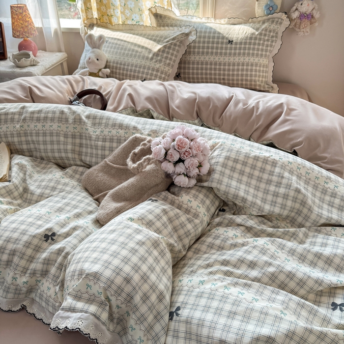 91家纺网 家纺一手货源 找家纺 仟网汇 2026新款A类仿棉古法水洗棉法式小清新花边四件套梦幻格趣