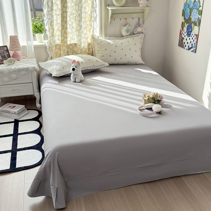 91家纺网 家纺一手货源 找家纺 仟网汇 2026新款A类仿棉古法水洗棉法式小清新花边四件套梦幻灰