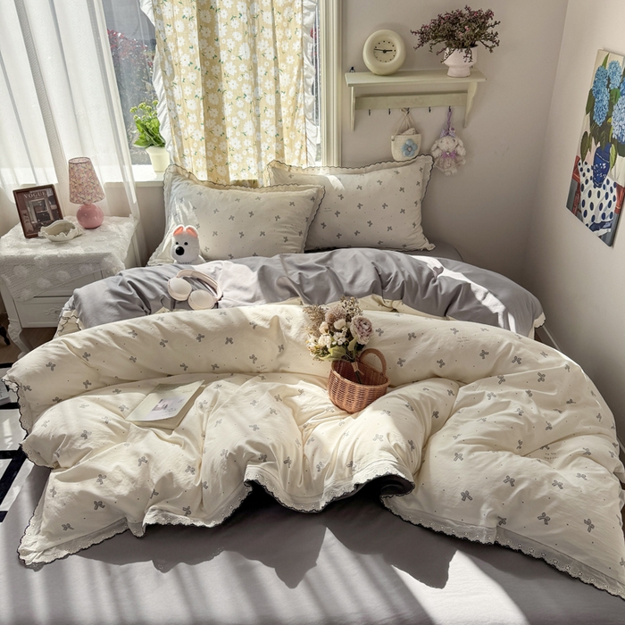 91家纺网 家纺一手货源 找家纺 仟网汇 2026新款A类仿棉古法水洗棉法式小清新花边四件套梦幻灰