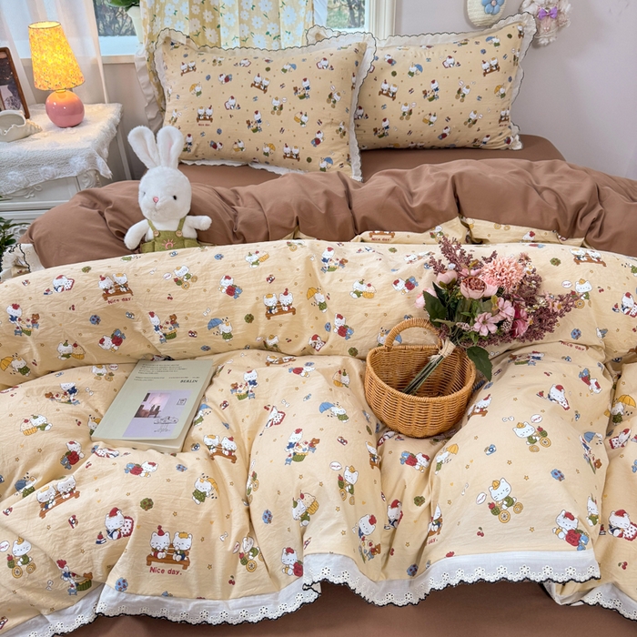 91家纺网 家纺一手货源 找家纺 仟网汇 2026新款A类仿棉古法水洗棉法式小清新花边四件套奶萌喵咖