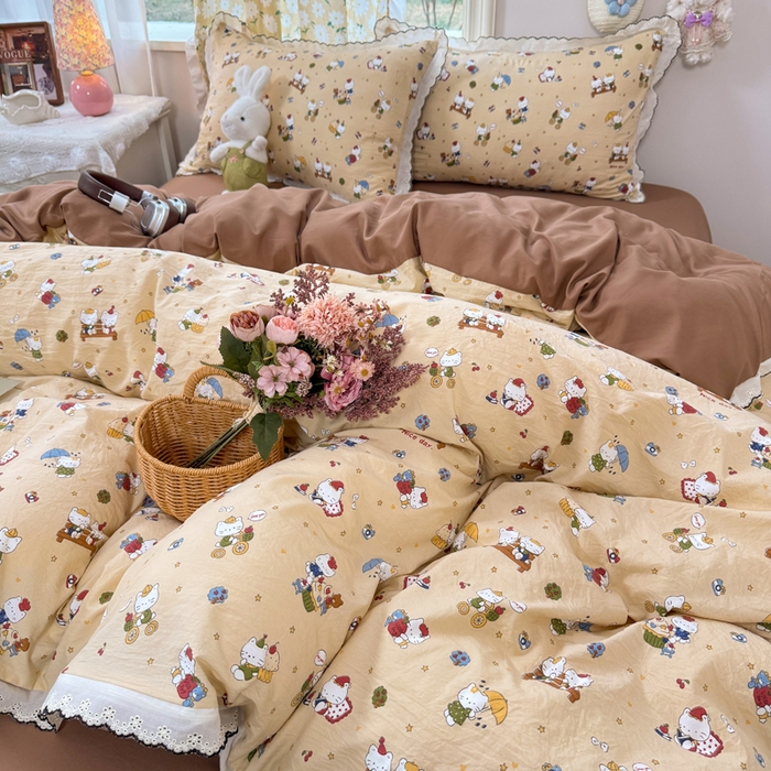 91家纺网 家纺一手货源 找家纺 仟网汇 2026新款A类仿棉古法水洗棉法式小清新花边四件套奶萌喵咖