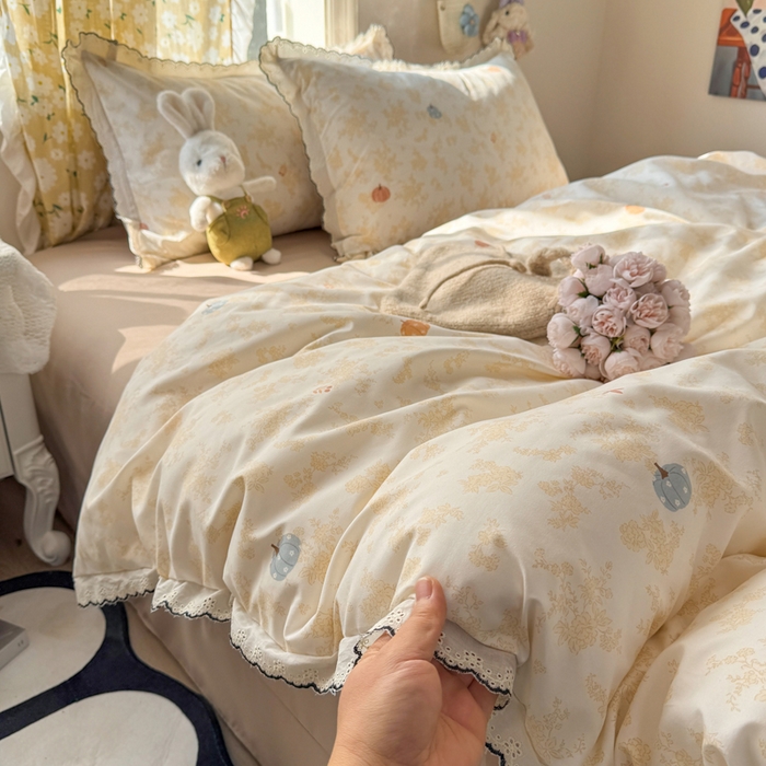 91家纺网 家纺一手货源 找家纺 仟网汇 2026新款A类仿棉古法水洗棉法式小清新花边四件套南瓜童话