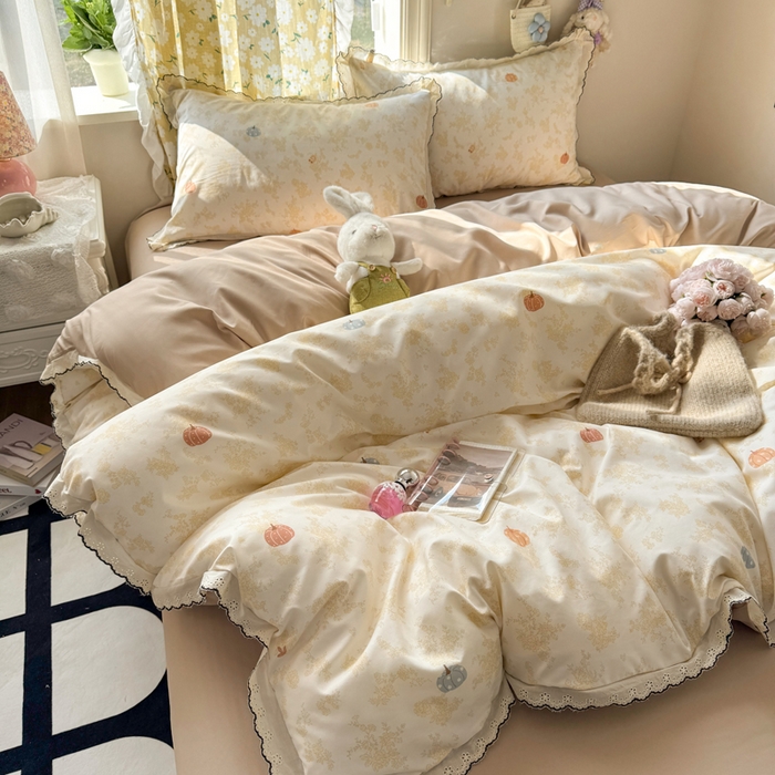 91家纺网 家纺一手货源 找家纺 仟网汇 2026新款A类仿棉古法水洗棉法式小清新花边四件套南瓜童话