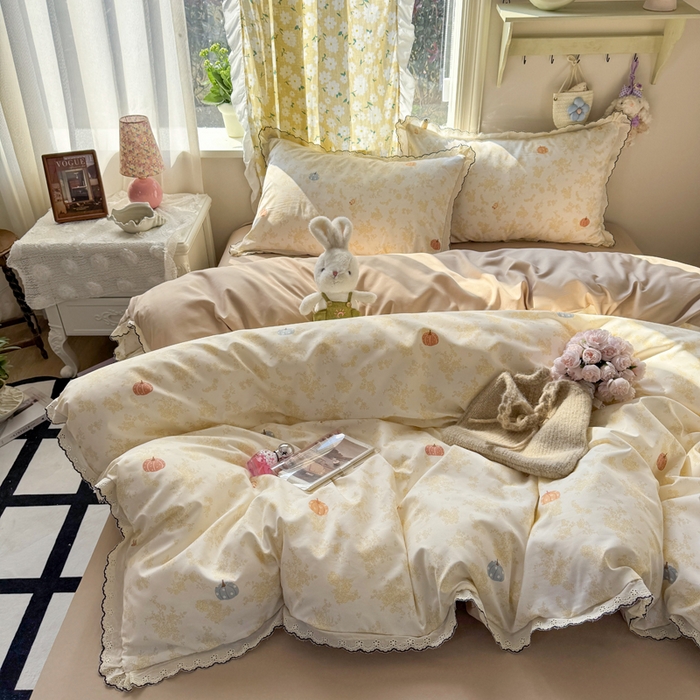 91家纺网 家纺一手货源 找家纺 仟网汇 2026新款A类仿棉古法水洗棉法式小清新花边四件套南瓜童话