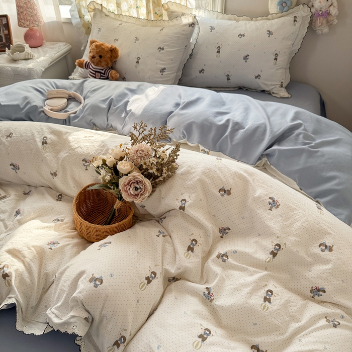 91家纺网 家纺一手货源 找家纺 仟网汇 2026新款A类仿棉古法水洗棉法式小清新花边四件套俏皮狗