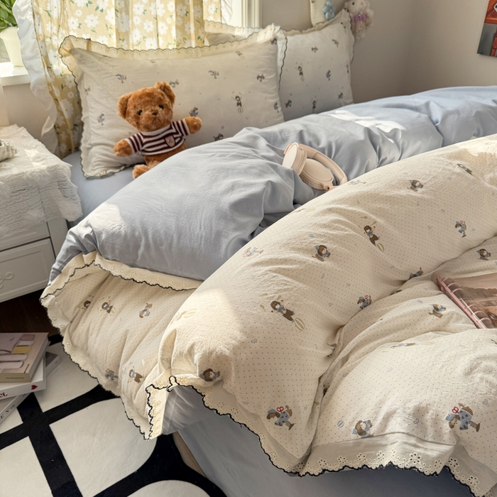 仟网汇 2026新款A类仿棉古法水洗棉法式小清新花边四件套俏皮狗