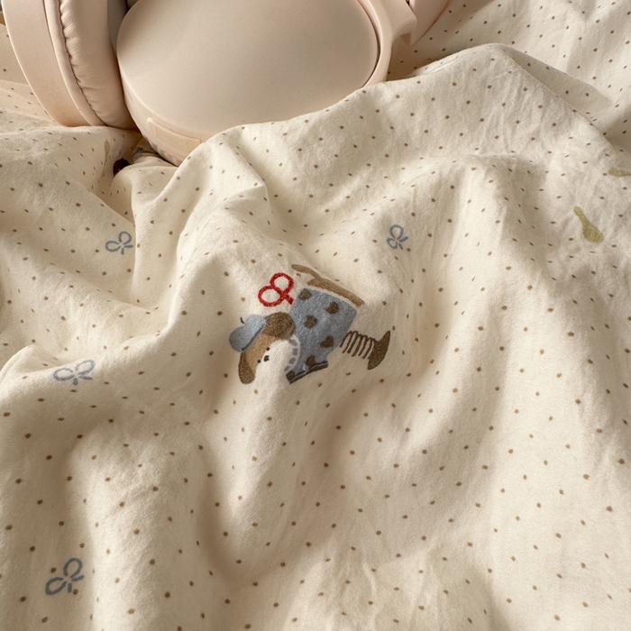 91家纺网 家纺一手货源 找家纺 仟网汇 2026新款A类仿棉古法水洗棉法式小清新花边四件套俏皮狗