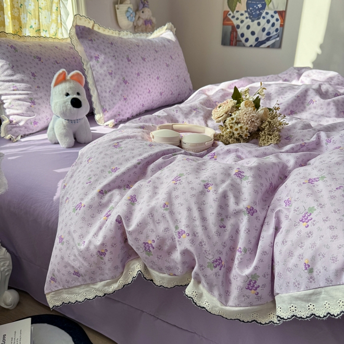 91家纺网 家纺一手货源 找家纺 仟网汇 2026新款A类仿棉古法水洗棉法式小清新花边四件套水晶葡萄