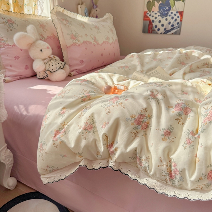 91家纺网 家纺一手货源 找家纺 仟网汇 2026新款A类仿棉古法水洗棉法式小清新花边四件套甜粉小窝