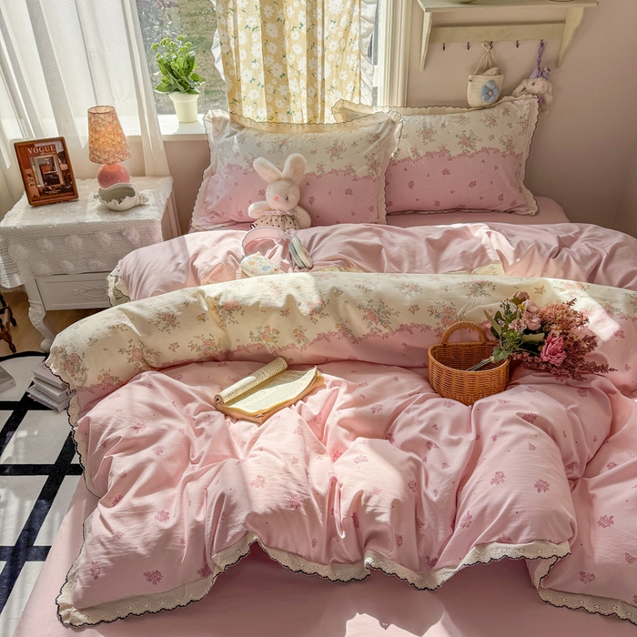 91家纺网 家纺一手货源 找家纺 仟网汇 2026新款A类仿棉古法水洗棉法式小清新花边四件套甜粉小窝