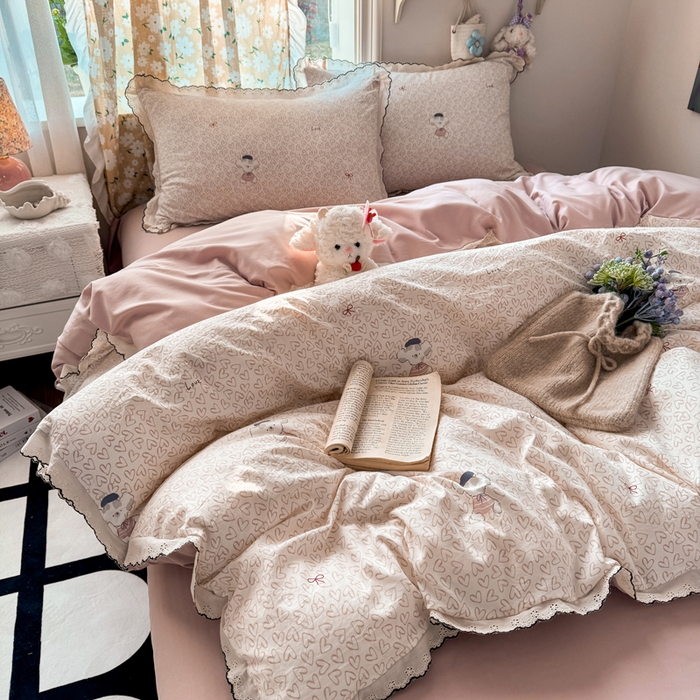 91家纺网 家纺一手货源 找家纺 仟网汇 2026新款A类仿棉古法水洗棉法式小清新花边四件套甜心萌宠