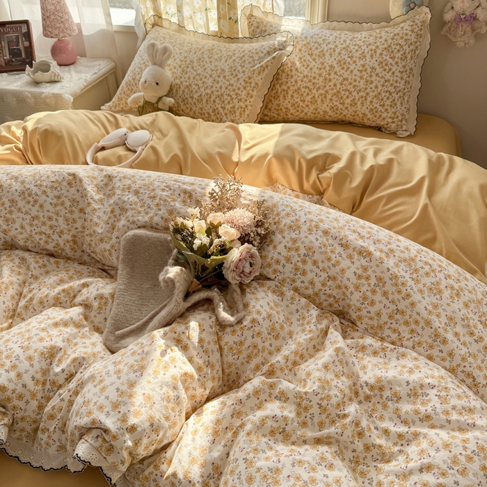 91家纺网 家纺一手货源 找家纺 仟网汇 2026新款A类仿棉古法水洗棉法式小清新花边四件套小黄花