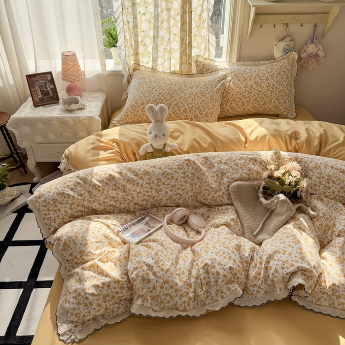 91家纺网 家纺一手货源 找家纺 仟网汇 2026新款A类仿棉古法水洗棉法式小清新花边四件套小黄花