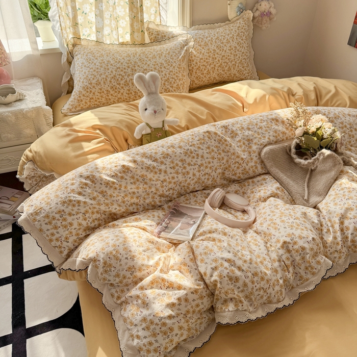 91家纺网 家纺一手货源 找家纺 仟网汇 2026新款A类仿棉古法水洗棉法式小清新花边四件套小黄花